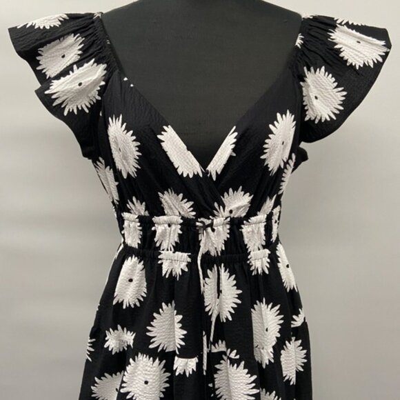 Kate Spade Pom Pom Floral Smocked Maxi Dress Sz L Black/White Excellent Cond - Picture 8 of 14